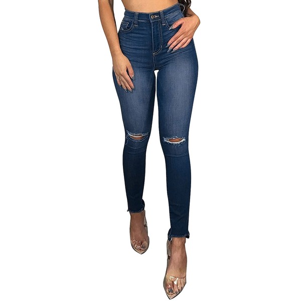 TodTan - Jeans ajustados para mujer, rasgados, de tiro medio, elásticos, destruidos, pantalones de mezclilla, Azul oscuro-h, S