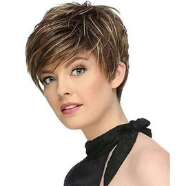 AUBWIG Short Wig Pixie Cut Charming Style Fluffy Wig with Fringe Brown Mixed Blonde Natural Heat Resistant Synthetic Short Hair Wig (Brown Mixed Blonde #3B)