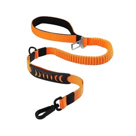 2 in 1 Dog Lead & Car Seat Belt, 150cm Reflective Anti-Shock Bungee Dog Leash with 2 Handles for Medium/Large Dogs - Pet Car Safety Harness (Orange)