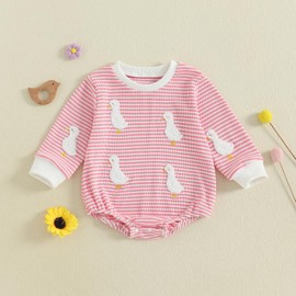 ZAXARRA Baby Girl Romper Long Sleeve Round Neck Goose Embroidery Stripes Bodysuit Fall Outfit (Pink, 6-12 Months)