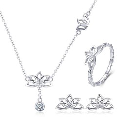 Elegant 925 Sterling Silver Lotus Flower Earrings & Necklaces Pendant jewellery Sets for Women Silver jewellery Gift