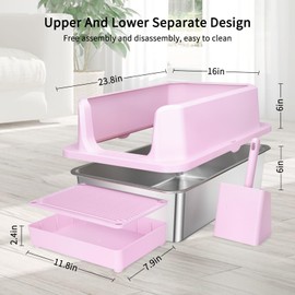 RIZZARI Open Cat Litter Box: Large Pink Stainless Steel Litter Pan with Teflon Non-Stick Coating - High Sided Splash-Proof Easy Clean Toilet for Cats up to 20 lbs - Ideal for Living Rooms - Apartments