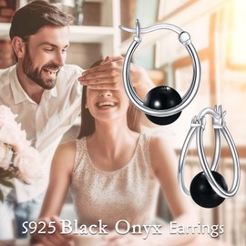 POPLYKE Gemstone Double Hoop Earrings for Women Sterling Silver Pearl Moonstone Turquoise Black Onyx Opal Lapis Lazuli Earrings for Women, Sterling Silver, Black Onyx