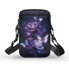 TSOVTHRID Purple Butterfly Rose Flower Crossbody Bag, 2 Layer Small Chest Bag Portable Shoulder Bags with Removable Shoulder Strap