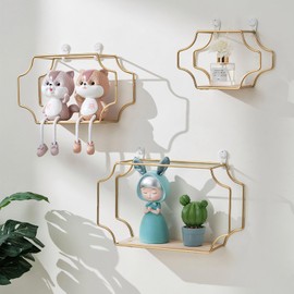 Gemsaya 3pcs Irregular Rectangle Metal Wall Shelves, 3 Sizes Wall Mounted Floating Shelves, Gold Decorative Geometric Hanging Shelf With Wood Veneer Wall Storage Display for Living Room, Bedroom, Bath