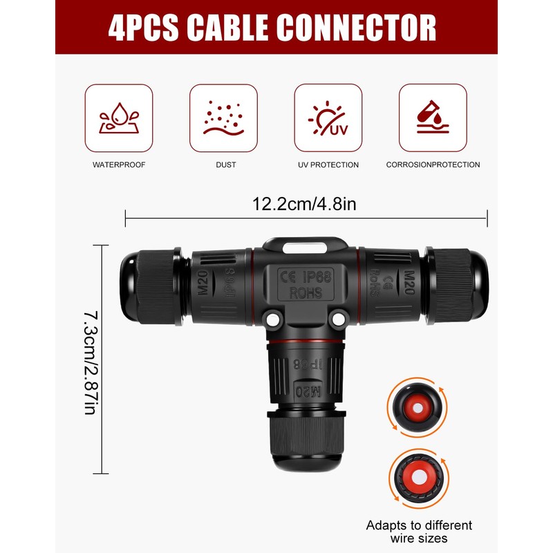 Cexovo Pack of 4 Cable Connectors Waterproof 3-Pin IP68 Underground