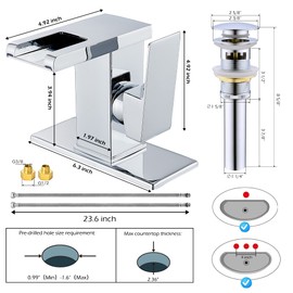 Bathroom Sink Faucet Chrome Waterfall Single Hole One Handle Bathroom Faucet Led Light Color Chaning Vanity Modern with Pop-up Drain Suitable for RV Lanudry Deck Mount Basin