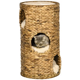 PawHut 29 Inch Cat Condo - 3 Story Cat House with Cushion, Barrel Shaped Cat Hideaway with Hand-Woven Materials, Multi-Layer Raised, Sand Brown