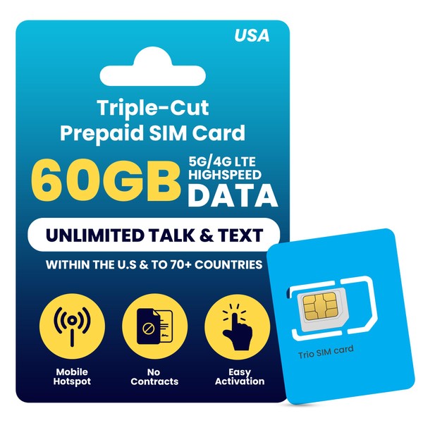 H2O Wireless 60-Day USA Physical Prepaid SIM Card with 60GB