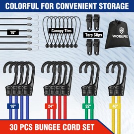 WORKPRO 30-PC Bungee Cords Assortment Includes 10" 18" 24" 32" 40"Bungee Cord w/Hooks
