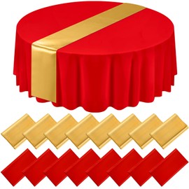 Tudomro 16 Pcs White and Light Blue Round Plastic Tablecloth and Satin Table Runner Set 84 Inch Round Table Covers 12 x 108 Inch Table Runners for Christmas Wedding Birthday Party Baby Shower