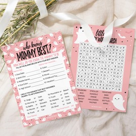 Pink Little Boo Girl Baby Shower Party Games - Who Knows Mommy Best and Word Search (2 Activity Game Bundle) - Set of 20 Player Cards