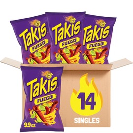 Takis Fuego Rolled Spicy Tortilla Chips, Hot Chili Pepper Lime Flavored, Multipack Box 14 Bags, 9.9 Ounces Each