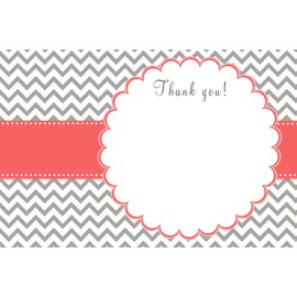 30 Blank Thank You Card Coral Grey Chevron + 30 White Envelopes - Birthday Bridal Wedding Shower