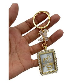 RBN 12 Dove Cross Gold Party Favor Keychain Charm Keyring, Rhinestone Bling Communion Girls Boys Baptism Recuerditos, Gold, Small