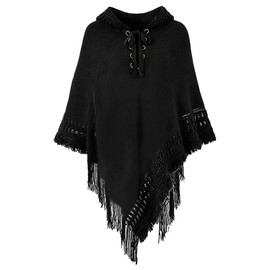 Rayson Poncho Women's Elegant Warm Winter with Hood Solid Colour Knitted Ponchos Capes for Women with Fringes Poncho Scarf Women's Knitted Adjustable Collar, black
