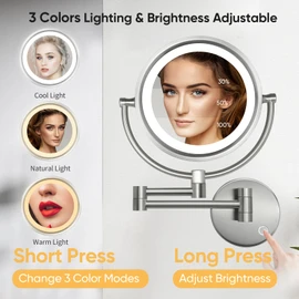GURUN Wall Mounted Hardwired Makeup Mirror with 3 Dimmable LED Lights 10x Magnifying Mirror for Bathroom Touch Control 13" Extendable Arm Direct Wire Brushed Nickel M1809DN (10x,Nickel)