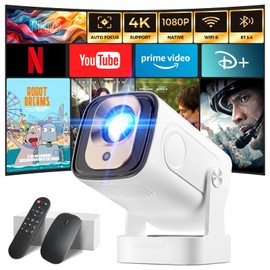 wowlink Projector [Auto Focus & 1080P Native & Bulit-in Apps] Projector 4K Support Auto Correction WiFi 6 Bluetooth 5.4 Mini Portable Projector Compatible with HDMI/TV Stick/Memory Stick/Laptop, White