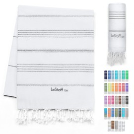 LeStoff Turkish Hammam Towel - Quick Drying & Lightweight Peshtemal for Beach, Sauna, Bath, Travel, Yoga & Camping Sand-Proof Blanket 100% Organic Cotton Eco-Friendly (95 x 180 cm, White - Silver)