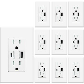USB C Wall Outlet Receptacle, 4.8A USB Type C + A, High Speed Charging for Smart Devices,1 USB C, 1 USB A Charging Ports, 15 Amp Duplex Receptacle Tamper-Resistant w/Wall Plate (10, White)