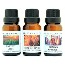 Crazy Candles 3 Bottles Set 1 Autumn Harvest, 1 Spiced Pumpkin, 1 Harvest Spice 1/2 Fl Oz Each (15ml) Premium Grade Scented Fragrance Oils