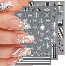 6 Sheets Christmas Snowflake Nail Decals 3D Self-Adhesive Xmas New Year Nail Supplies Black French Tip Nail Art Stickers Christmas Nail Stickers Winter Nail Design for Women Girls Manicure Decoration