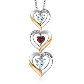 Gem Stone King 925 Silver and 10k Yellow Gold Sky Blue Aquamarine Red Garnet and White Lab Grown Diamond Triple 3 Heart Shape Pendant Necklace For Women (1.00 Cttw, with 18 Inch Chain)