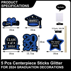 Blue Graduation Centerpieces for Tables, 5 Pcs Double Sided Glitter 2024 Graduation Party Centerpiece Sticks Table Toppers for Class of 2024 Graduation Party Decoration Party Supplies 2024 Blue Card