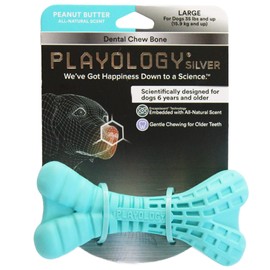 Playology Silver Dental Chew Bone for Large to X-Large Senior Dogs 50lbs & Up | Engaging All-Natural Peanut Butter Scented Dog Chew Toy | Non-Toxic Materials for Older Teeth