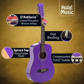 Hola! Music 3/4 Size Acoustic Guitar Bundle for Beginners, 6 String Beginner Solid Spruce Top Acoustic Guitar With Rosewood FIngerboard, 36 inch, Purple