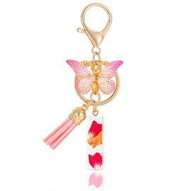 MWOOT Letter Keychain Initial Keyring Letter, Alphabet Resin Letter with Flower Key Chain with Butterfly Tassel Pendant Handbag Charm, Pink Petal Keyring for Women, Pink-i