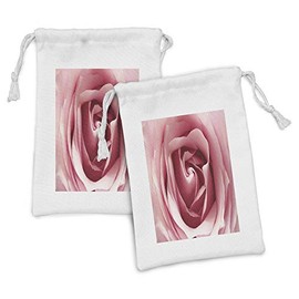 Lunarable Rose Fabric Pouch Set of 2, Pink Rose Valentine's Day Happy Occasions Holidays Bloom Botanical Close up Picture, Small Drawstring Bag for Toiletries Masks and Favors, 9" x 6", Pale Pink