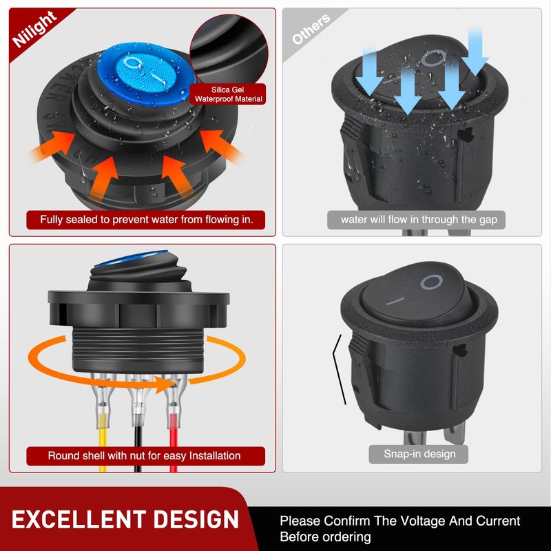 Nilight 5PCS Waterproof Round Rocker Switch w/Wiring Harness Switches Holder