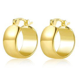 Small Chunky Gold Hoop Earrings for Women, Hypoallergenic 925 Sterling Silver Post Wide Glossy Hoop Earrings