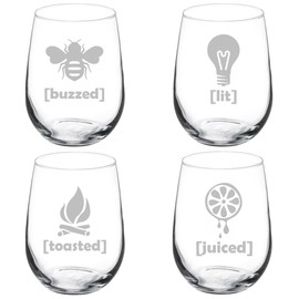 Set of 4 Wine Glass Goblet Funny Drunk Buzzed Lit Toasted Juiced (17 oz Stemless)
