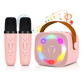 Karaoke Machine Mini Portable Bluetooth Karaoke Machines with 2 Wireless Microphones for Children Adults with Voice Changing Effects & LED Light Effects Boys Girls Gifts Home Party (Pink)