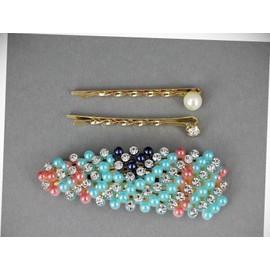 Perfect Hairstyle with Our Hair Accessories - Blue Striped Snap Barrette Set Pearl Crystal Gold Bobby Hair Pins Barrette Fashionable Hair Accessory Hair Jewelry Accessories for Lady Women