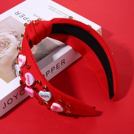 Xipixiao Valentine's Day Headband for Women Red Pink Beaded Heart Headbands with Rhinestone Crystal Knotted Jeweled Hairband, Valentine's Day Hair Accessories Gifts