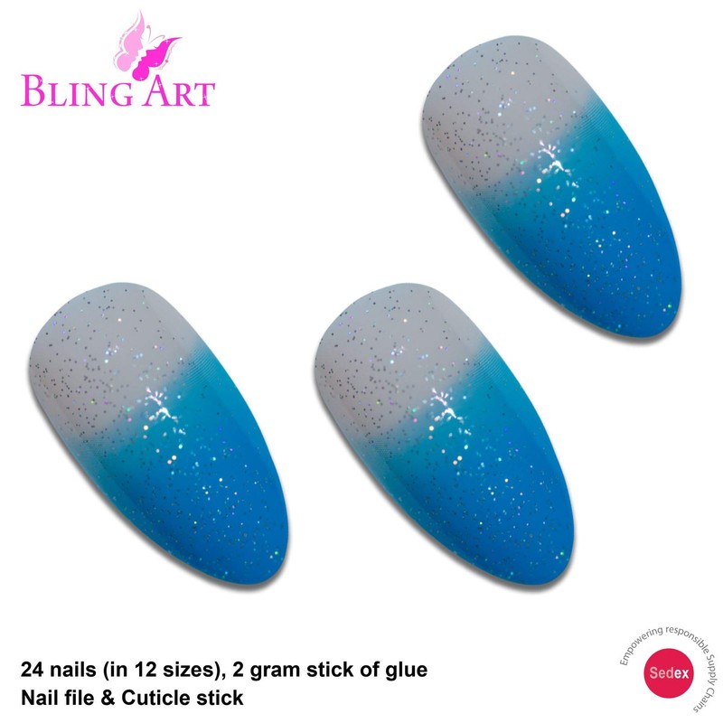 Bling Stilett False Nail Acrylic Blue Medium Tips UK