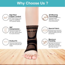 Fhmidic Copper Ankle Brace Compression Support Sleeve, Ankle Wrap & Ankle Compression Socks for Plantar Fasciitis, Foot & Ankle Swelling, Achilles Tendon, Joint Pain, Injury Recovery (1 Pair, L)