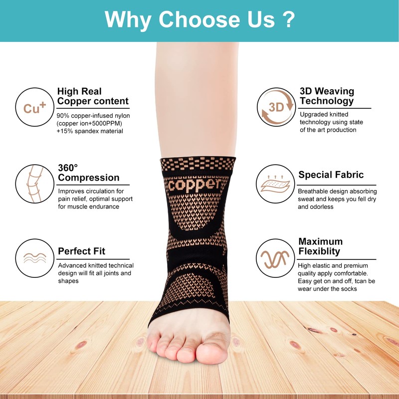 Fhmidic Copper Ankle Brace Compression Support Sleeve, Ankle Wrap &