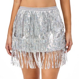 PLIKSUVER Women's Sequin Tassel Belly Dance Skirt - Glitter, Fringe, Sparkle Rave Skirt for Girls Festival Dance Outfits - Silver