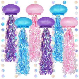 BEAUTIFABLE 12 Pcs Jelly Fish Paper Lanterns Set, Garlands Circle Dots for Mermaid Birthday Decorations, Under The Sea Party, Baby Shower, Beach, Pool Party, Bedroom Ocean Themed Hanging Decor (Mix)