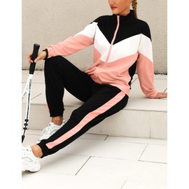 Marvmys Streatwear Trainingsanzüge für Damen Sportanzug Freizeitanzug Jogginganzug damen Langarm mit Reißverschluss Kordelzug Taschen B-Rosarot M