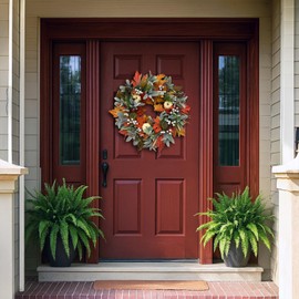 IOHEFY Artificial Fall Wreath 20 Inch Front Door Wreath Pumpkin White Berries Maple Leaves Lambs Ear Greenery for Indoor Outdoor Wall Window Farmhouse Rustic Autumn Harvest Thanksgiving Party Decor