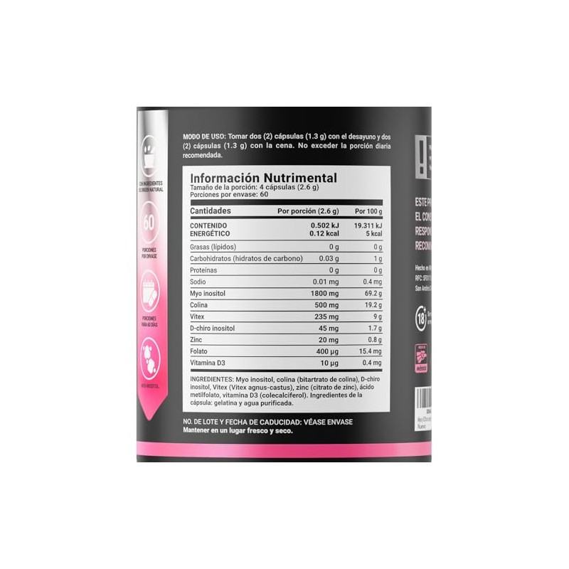 Myo Chiro Inositol 240 Caps Equilibrio Hormonal 2600 Por Porción