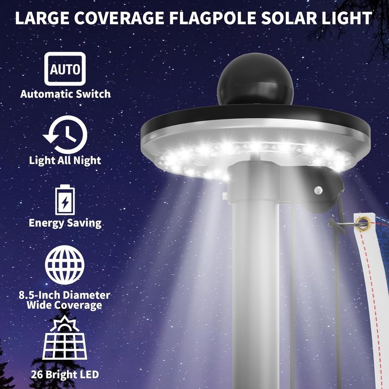 IIOPE Upgraded 8.5" Solar Flag Pole Light with 26 LEDs,