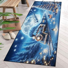 Culudea Christmas Snow Tree Elk Area Rug Winter Night Train Blue 2' x 6' Floor Entry Runner Rug Non-Slip Washable Indoor Door Carpet Mat for Bedroom Kitchen Entryway Laundry Living Home Decor