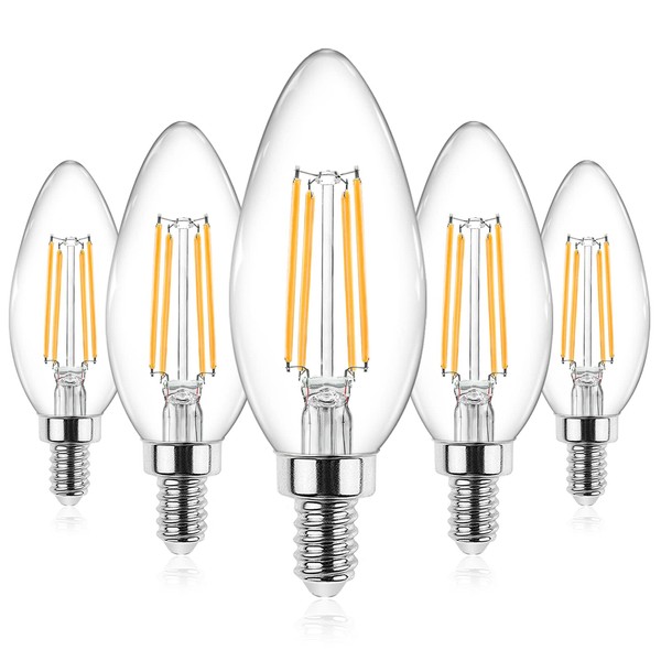 Ascher E12 Candelabra LED Light Bulbs 60 Watt Equivalent, 550 Lumen, Warm White 2700K, Clear LED Filament Candle Bulbs, Non-Dimmable, Pack of 5