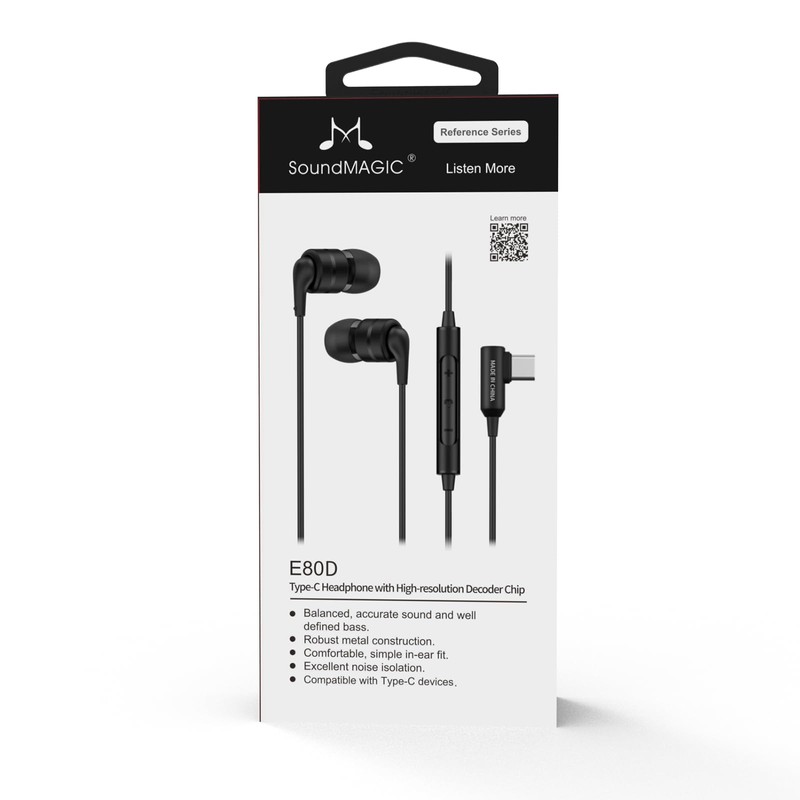 SoundMAGIC E80D USB-C インイヤーステレオヘッドホン、L字型プラグ、インラインコントローラー、メタルハウジング、10mmダイナミックドライバー、防水、防塵、ブラック。